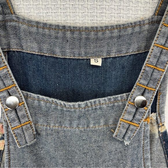 COWOKA Boho Floral Denim Bib Overalls Loose Wide Leg Jumpsuit Suspenders Small - Picture 3 of 13
